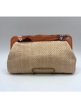 Vintage Raffia Straw Plastic Kiss Lock Closure Clutch Made in Hong Kong